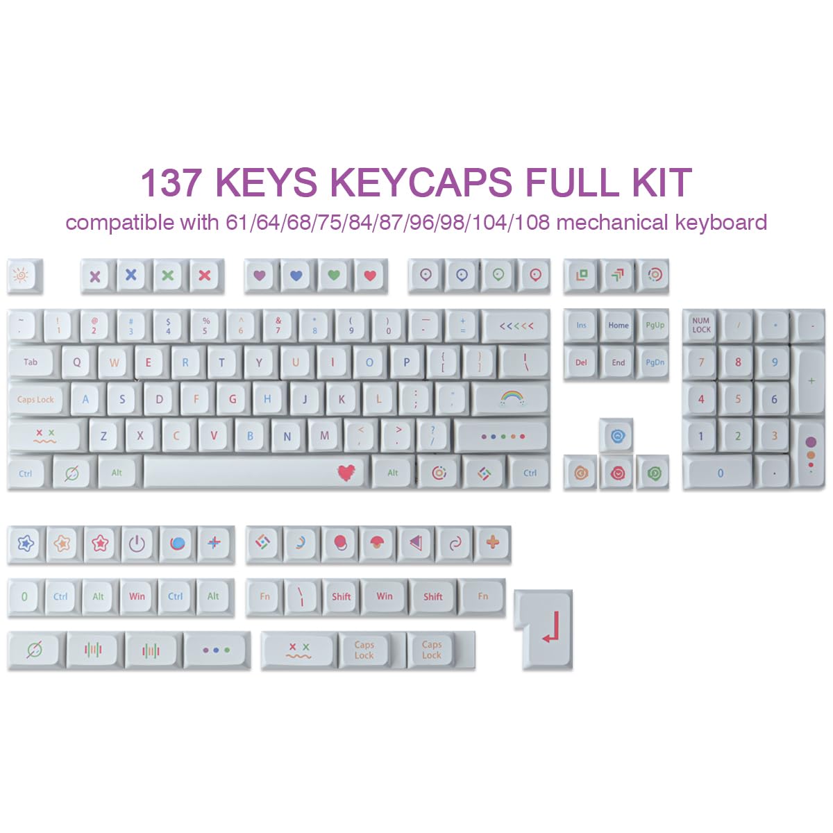 Keycaps Lot de 137 touches blanches à sublimation XDA pour commutateurs Cherry MX ISO/ANSI Disposition des claviers mécaniques