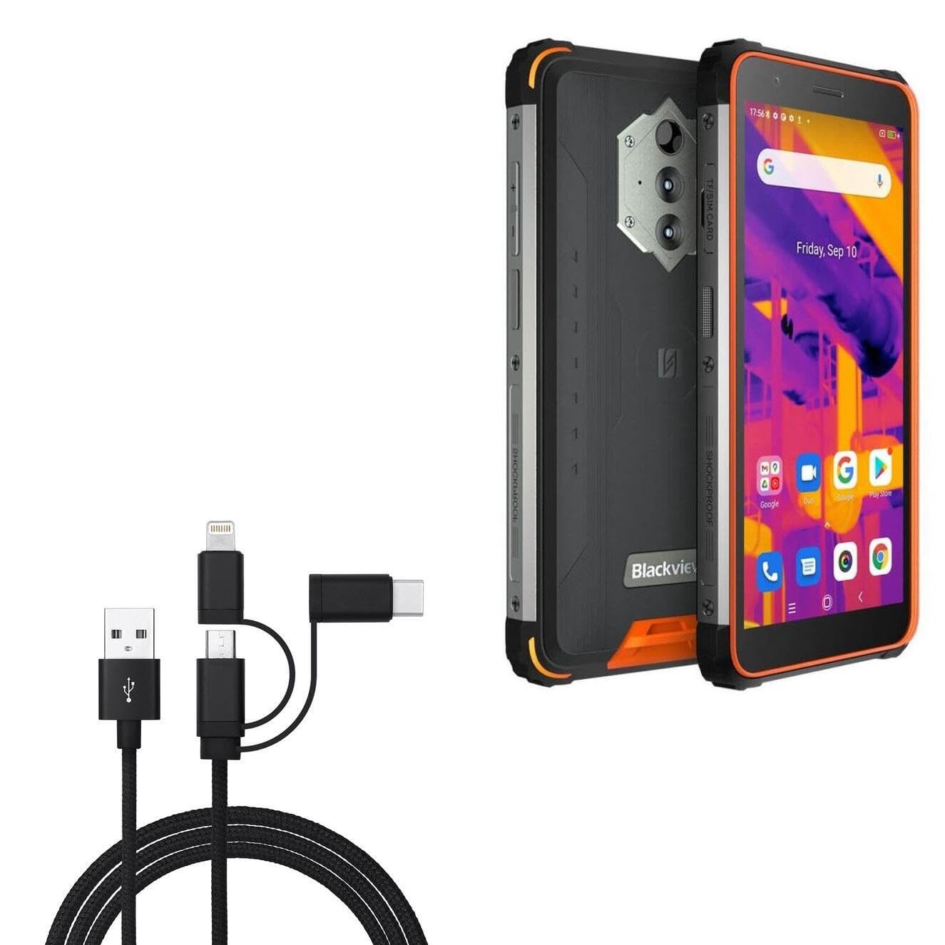 BoxWave Cable Compatible with Blackview BV6600 Pro - AllCharge 3-in-1 Cable - Jet Black