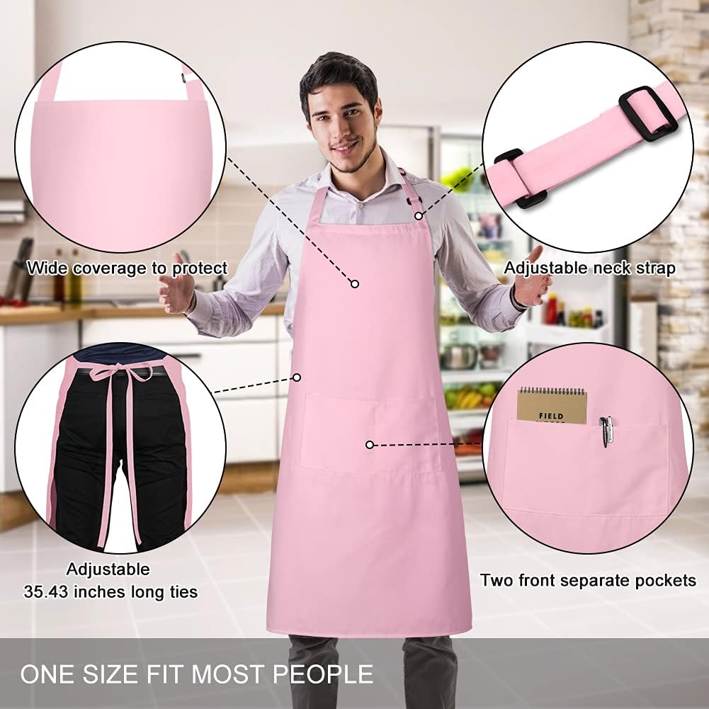 Jubatus 2 Pack 100% Cotton Aprons with 2 Pockets Cooking Chef Kitchen Adjustable Bib Apron for Women Men, Pink - Image 2