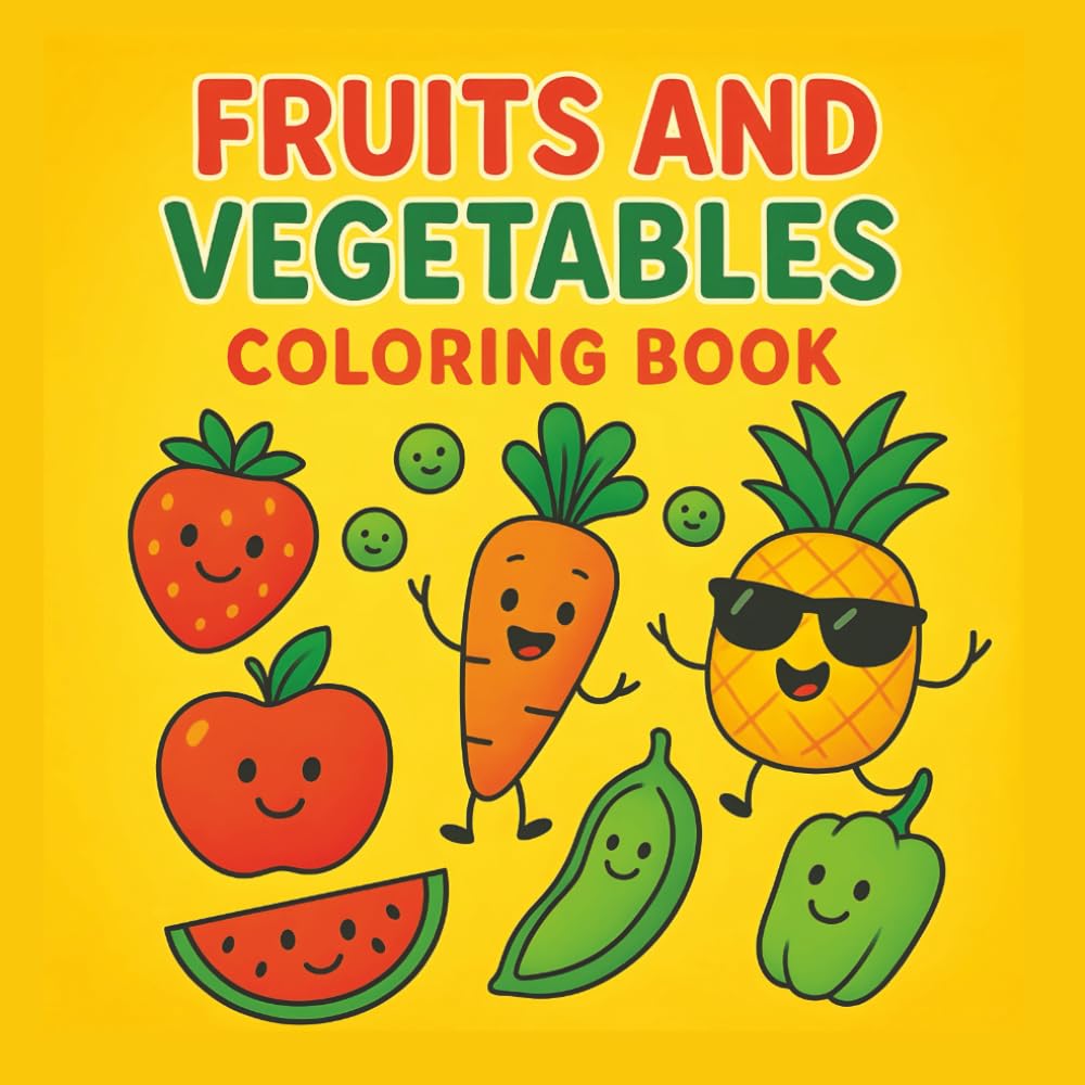 Fruits and Vegetables Coloring Book: 60 Easy and Fun Coloring Pages Filled with Cute, Happy, and Playful Designs