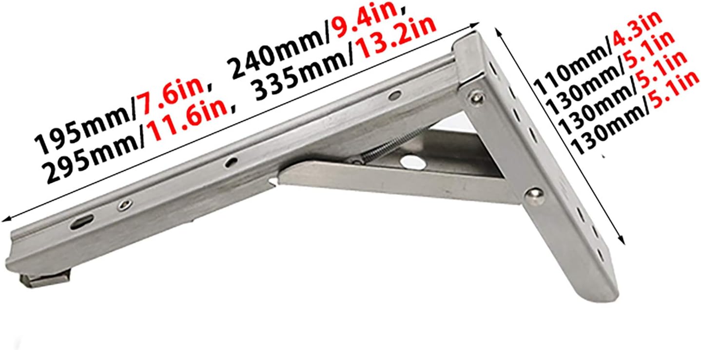 QWEASDF 2 Pcs Folding Shelf Brackets Stainless Steel Fold Down Table Brackets Floating Shelf Brackets Wall Mounted Brackets for Shelves 150 lb Heavy Duty Collapsible Shelf Bracket,Silver,335mm/13.2in