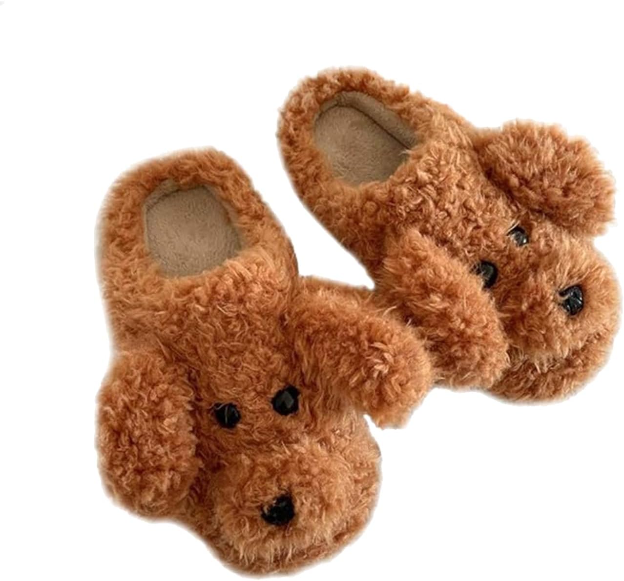 Plush Cute Indoor/Outdoor Slippers - Teddy Dog Style, Non-Slip Sole, Washable - Girls' Spring/Autumn/Winter (Khaki, Size 5-6.5)