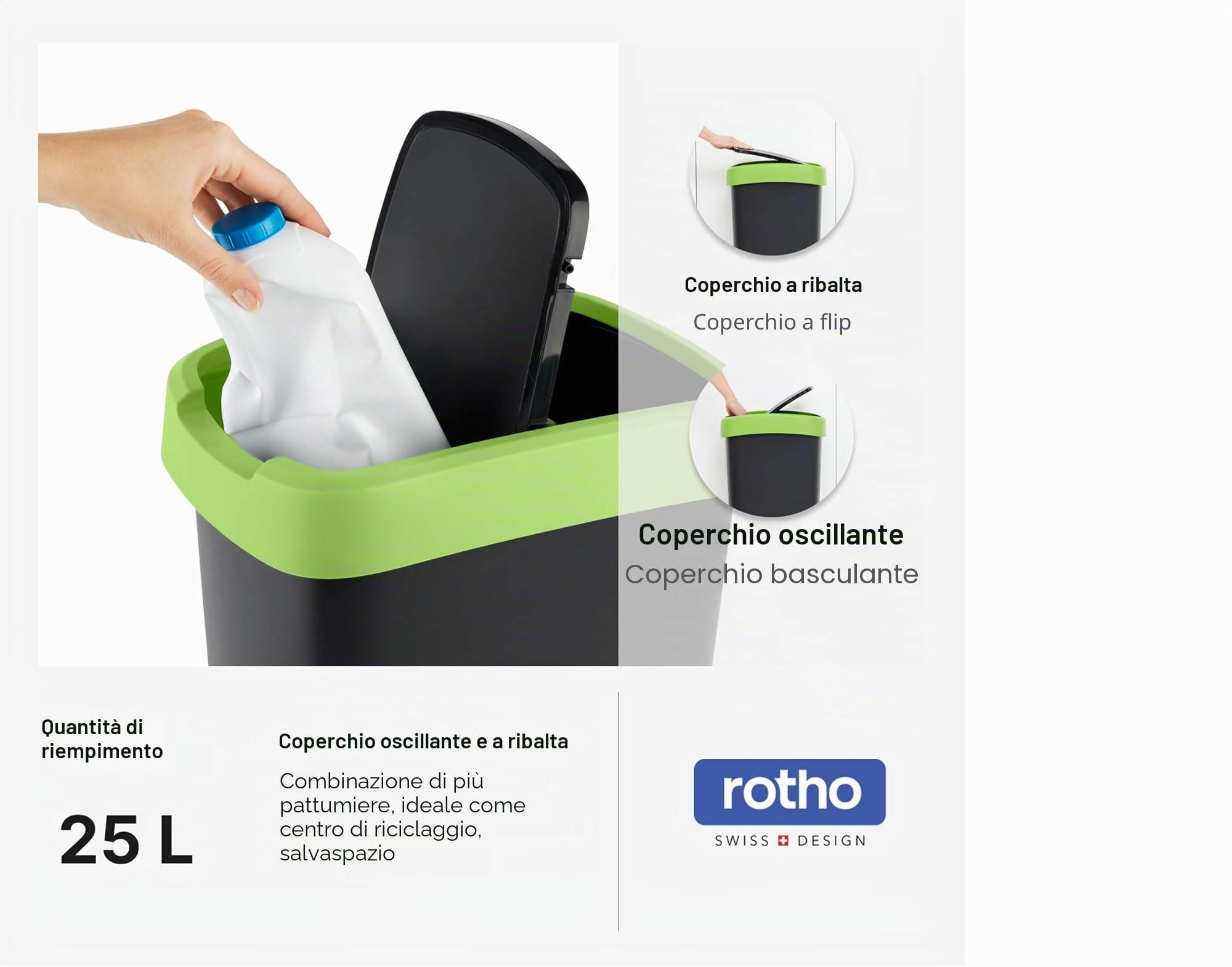 Rotho Salsa Pattumiera da 25 l con coperchio, in plastica (PP) senza BPA, verde, 25 l (33,3 x 25,2 x 47,6 cm)