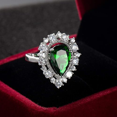 Miniatura 4 de Anillo de cóctel de circonita cúbica de corte esmeralda verde en forma de pera para mujer, anillo de boda nupcial con halo de diamante de imitación