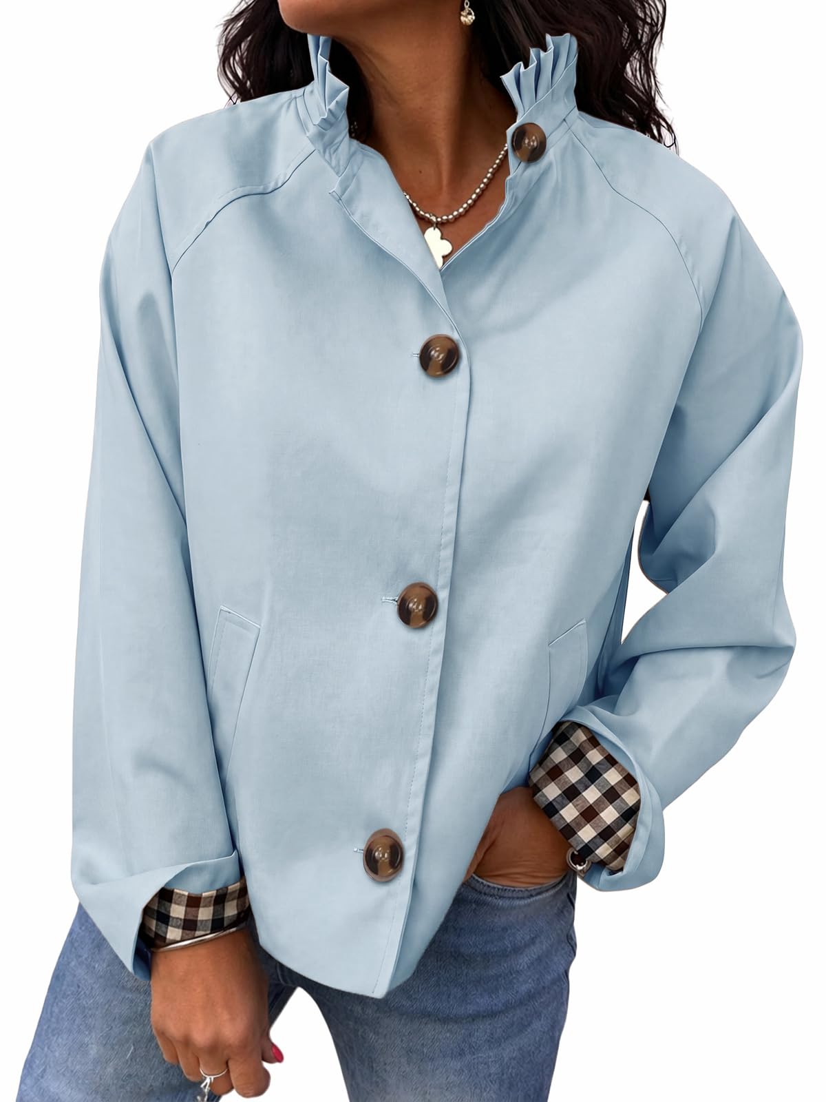 Cicy Bell Womens Ruffle Short Trench Coat Single Breasted Cropped Jackets