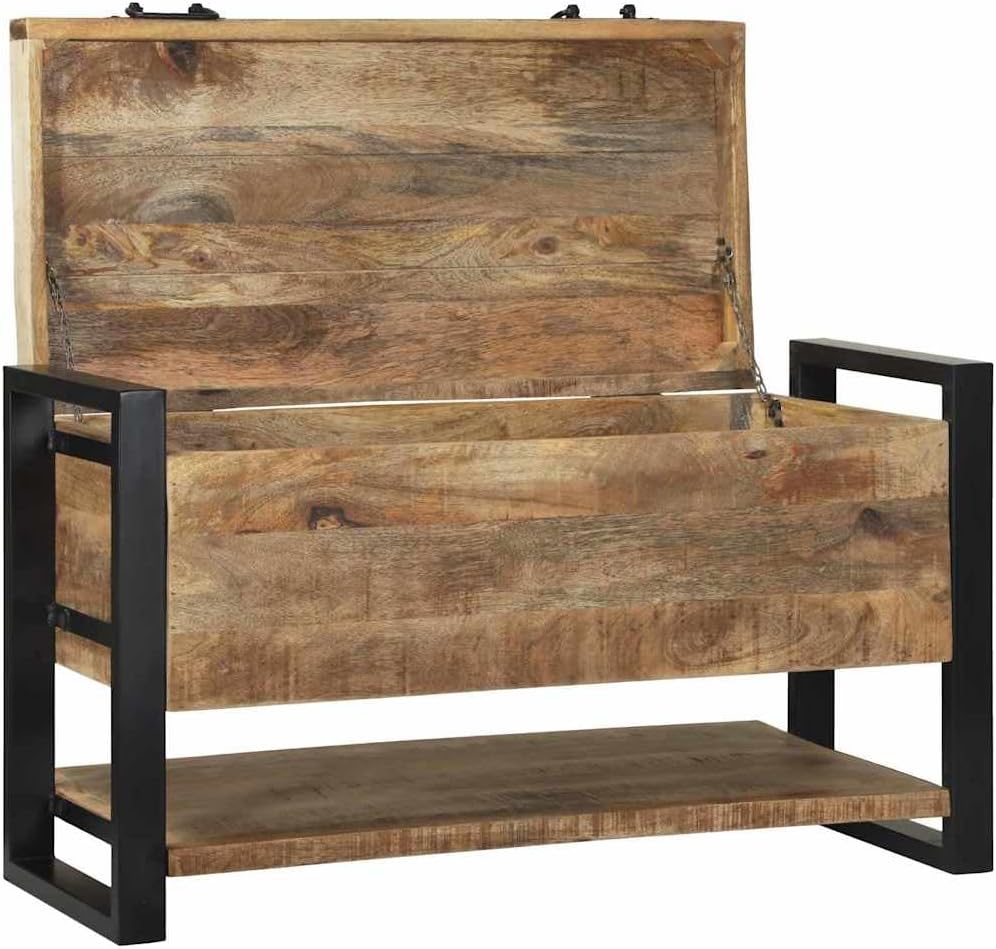 Industrial Storage Chest Box, Brown Solid Mango Wood Trunk, 31.50in Large Capacity Blanket Chest, Wooden Treasure Box for Bedroom, Living Room Storage