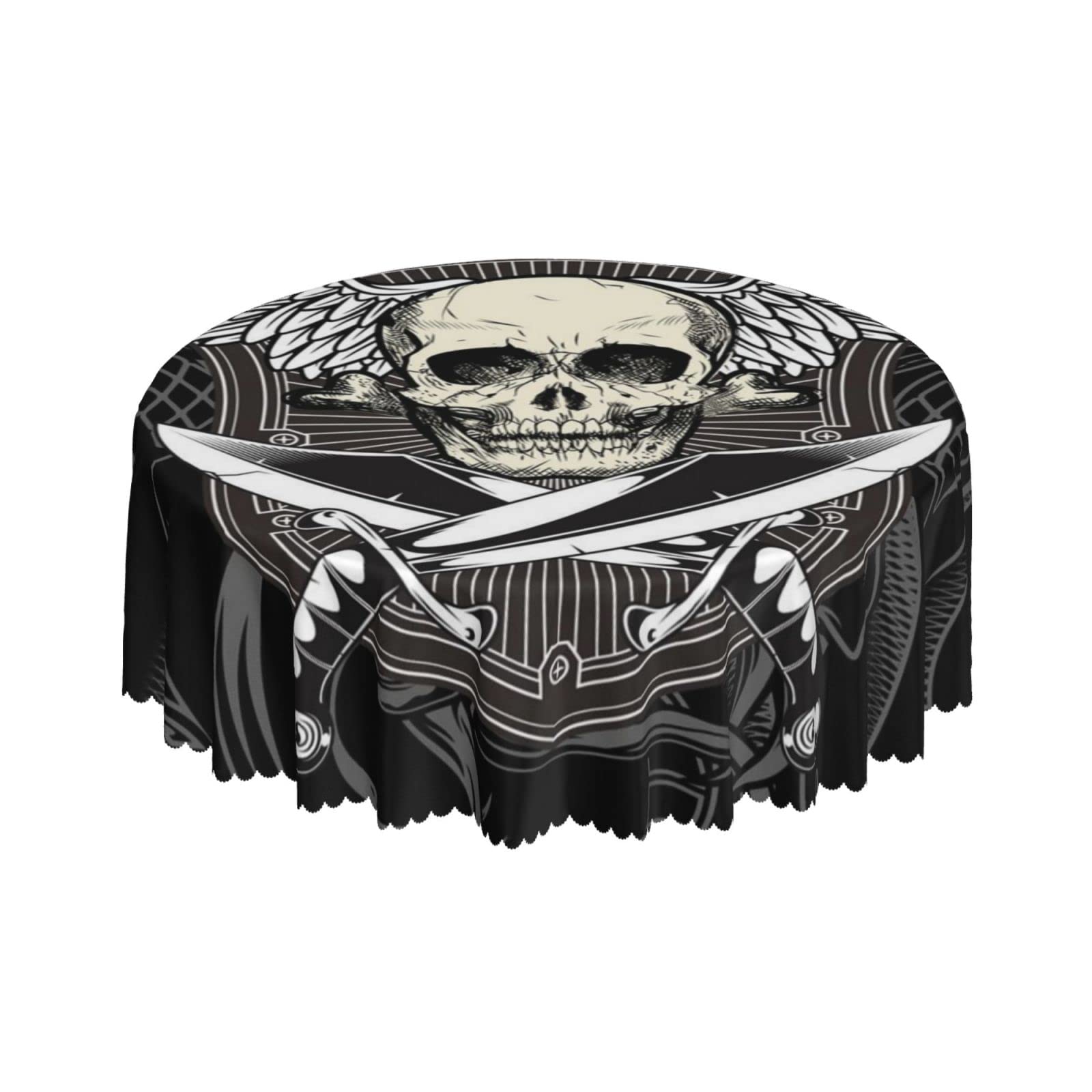 Lsjuee Skull SwordWings Round Tablecloth 60 Inch Printed Washable Tablecloth for Dining Party Holiday Fall Home Decorative