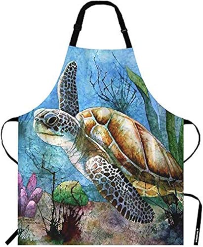 WONDERTIFY Delantal de tortuga marina, pintura al óleo de natación solitaria en el océano con cuello ajustable para hombres y mujeres, adecuado para