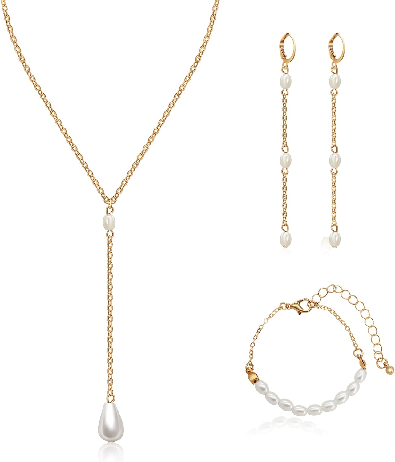AILUOR Gold Jewelry Set for Women - 14K Gold Plated Pearl Necklace & Earring Set with Drop Earrings, Bracelets, Choker Necklace - Dainty Wedding Pearl Jewelry