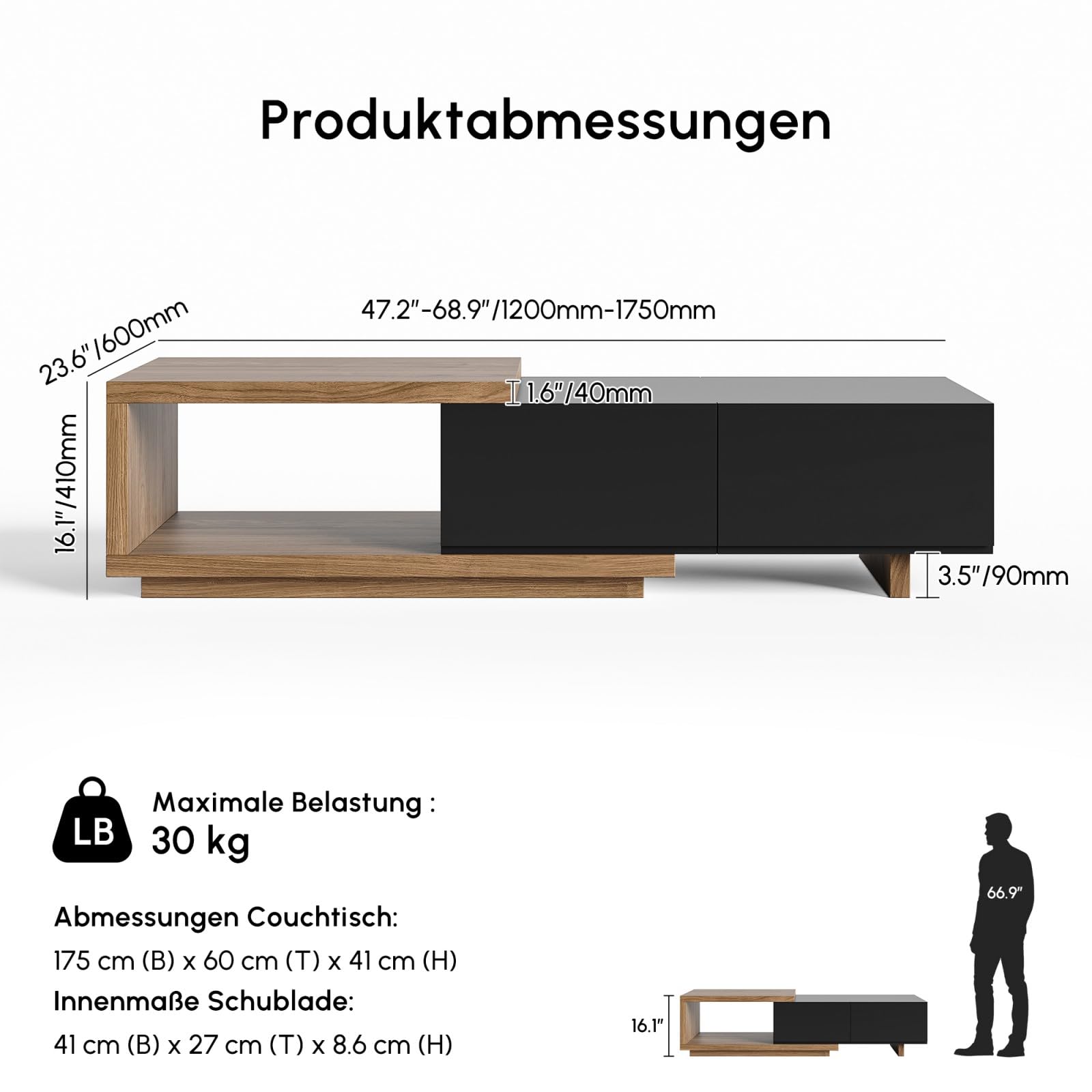 Homary Ausziehbarer Couchtisch aus Walnussholz 120 cm-175 cm mit 2 Schubladen, strapazierfähige Tischplatte, Elegantes Wohnzimmermöbel für kleine Räume (Schwarz und Walnuss)