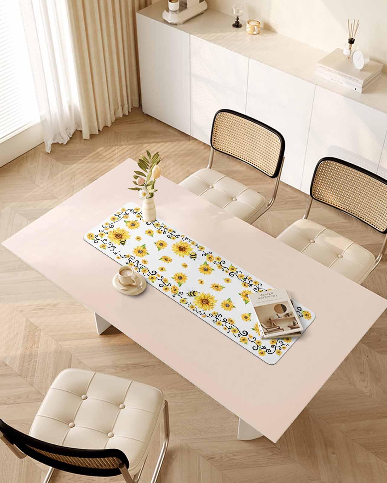 Debedcor Heat Proof Table Pads Waterproof Decorative, Sunflower Bee Farmhouse Non-Slip Table Countertop Protector, Rustic Spring Summer Floral Insulation Mat for Kitchen Room, 40 x 12 Inches