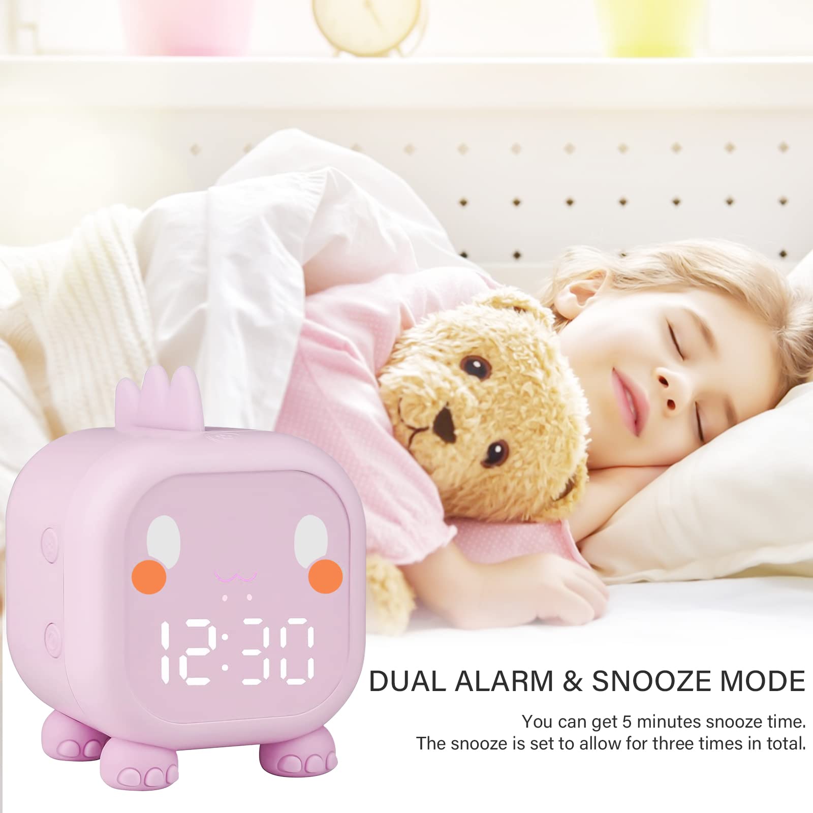Réveil Enfants Fille Garcons LED Numerique Lampe Réveil, Dinosaure Réveil Numérique Volume Réglable Minuterie Veilleuse Snooze Réveil en USB Charge