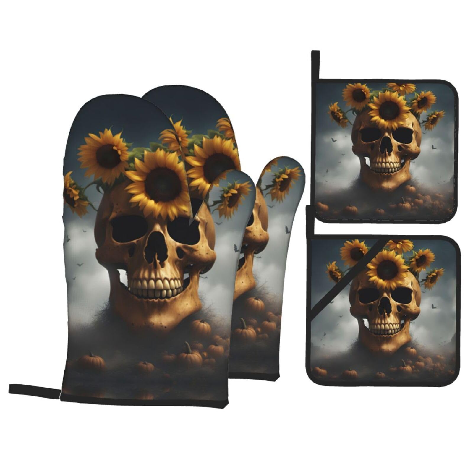Sunflower Halloween Skull Print Oven Mitts,Pot Holders, Heat Resistant Oven Mitts Gloves,Hot Pads for Kitchen Cooking Grill
