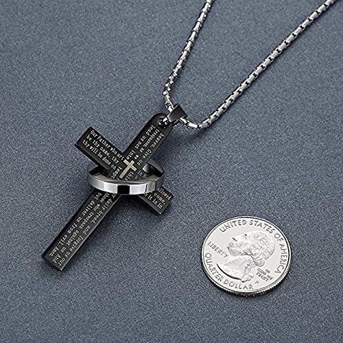 Fervent Men's Stainless Steel Chain [Lord's Prayer Necklace] Cross & Ring Halo - Black Pendant - Christmas Gift - Image 4