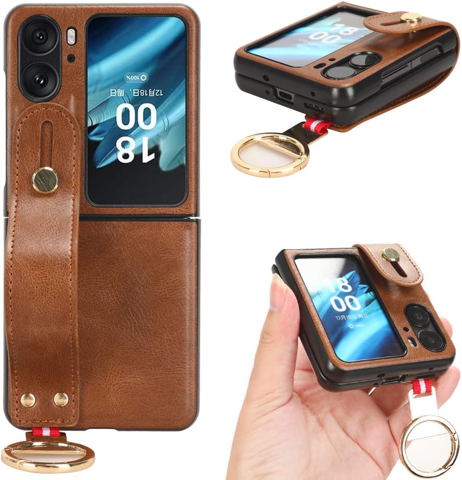 Compatible with Oppo Find N2 Flip Case Cover,PU Retro Cell Phone case with Wrist Strap Compatible with Oppo Find N2 Flip 5G Case Brown
