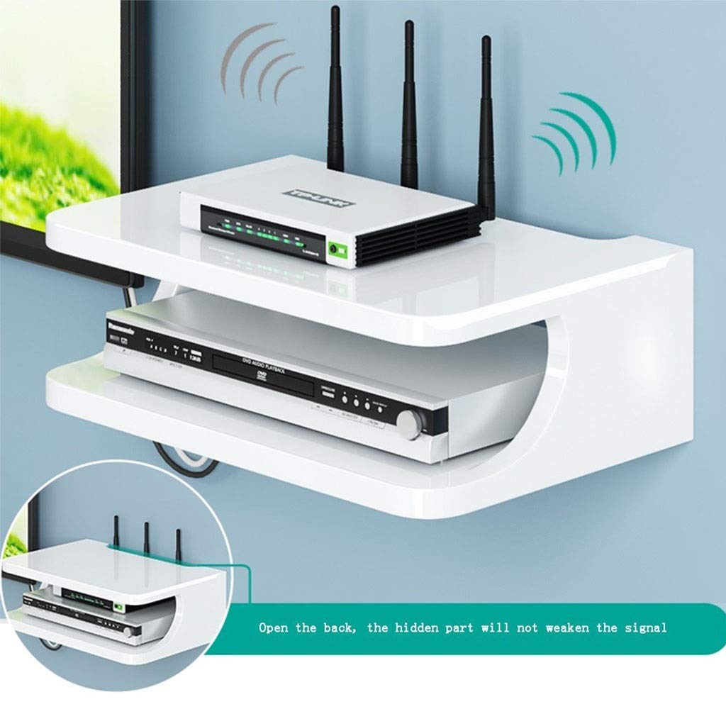 Mensola sospesa in metallo per console multimediale da parete, per componenti TV, 2 ripiani bianchi per decoder via cavo, router, telecomandi, lettori DVD, console di gioco