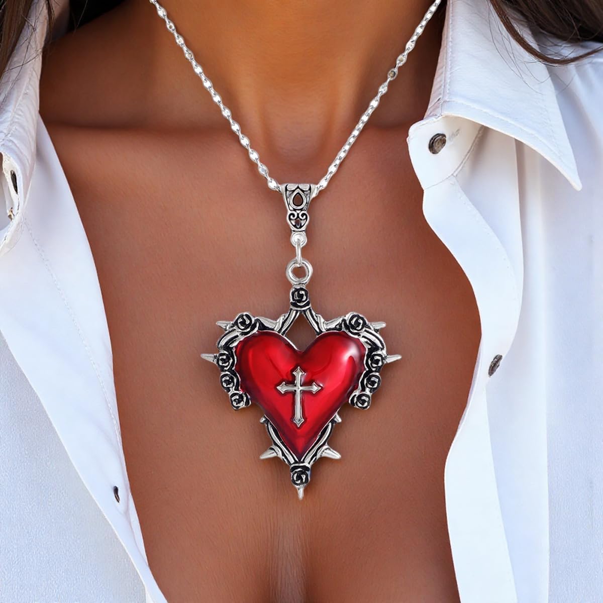 Gothic Heart Pendant Necklace for Women Vintage Heart Cross Necklace Dark Punk Style Jewelry Halloween Thorns Necklace Victoria Goth Pendant Mystic Witch Vampire Jewelry Accessories - Image 2