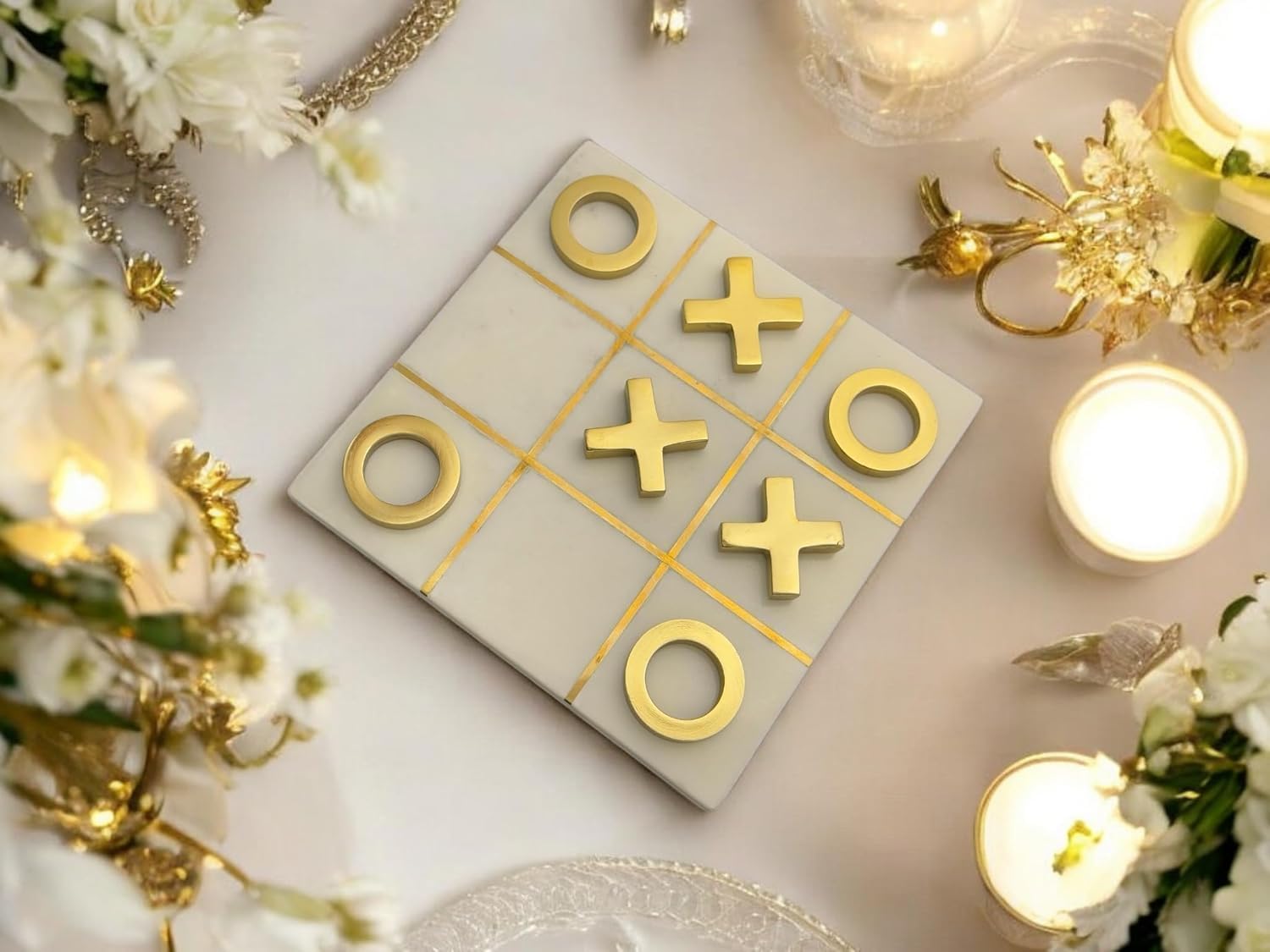 Varenthe HOME Tic Tac Toe Marble Game Board Classic Coffee Table Decor Modern Marble Travel Game for Family, White & Gold