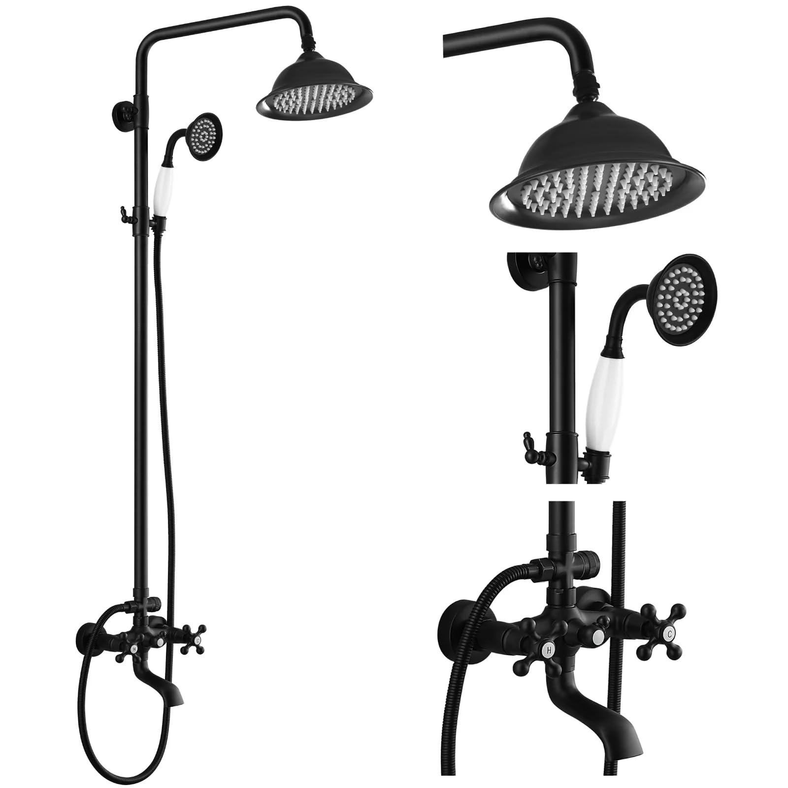 Retro-Duschsystem mit Armatur, 3 Funktionen, Schwarz | Nicht thermostatisch; Kopfbrause, Handbrause und Wannenauslauf einzeln wählbar; G1/2, 150 mm, Höhe 80-110cm