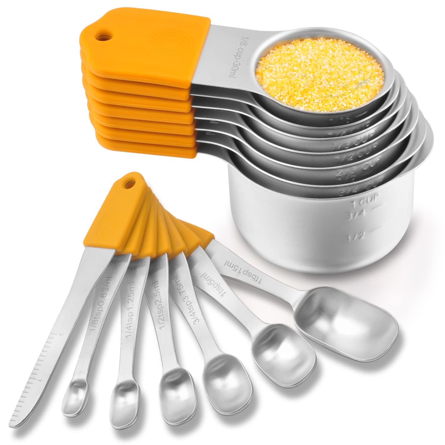 EDELINMagnetic Measuring Cups and Spoons Set, Stainless Steel 7 cup and 6 spoon with 1 Leveler, 18/8 304 stainless steel ((Yellow 14 sets)