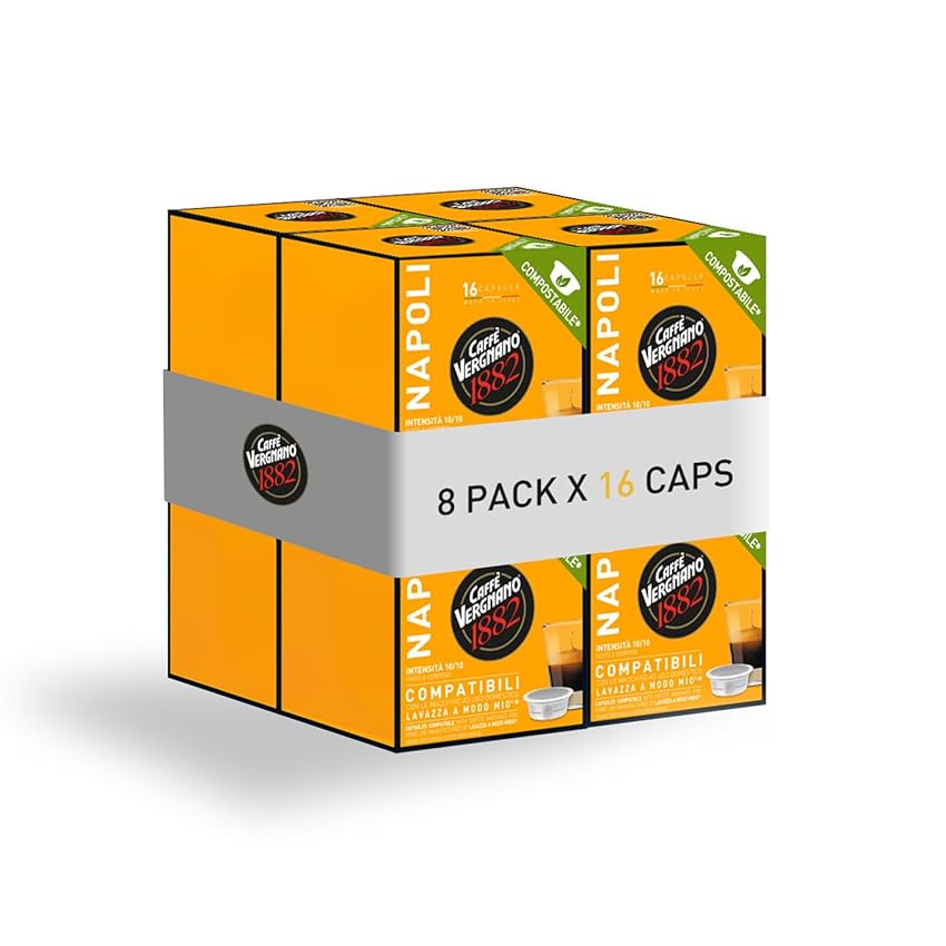 Caffè Vergnano 1882 - 128 pz Capsule Caffè Compatibili Lavazza A Modo Mio Compostabili, Napoli (8 confezioni da 16 capsule)