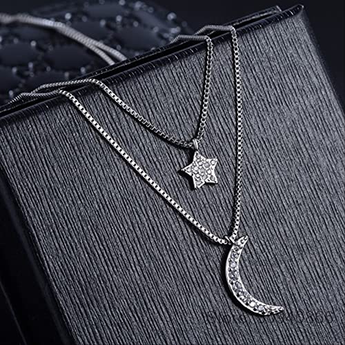Collier double couche en zircone pour femmes avec pendentif étoile lune