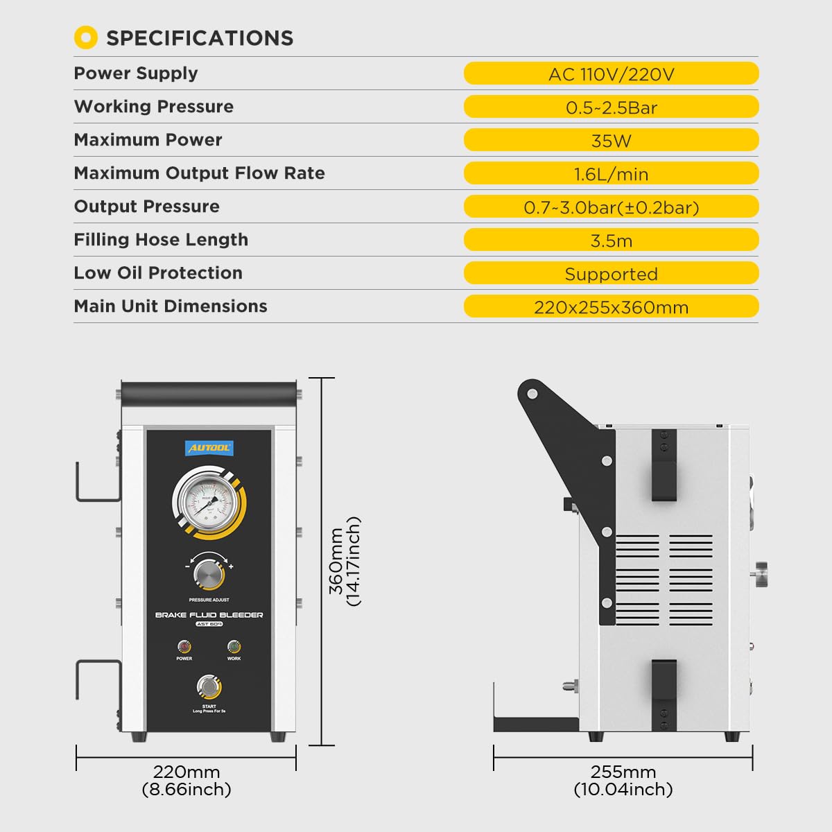 AUTOOL Purga de Freno Eléctrica- AST609 220V Equipo de Purga de Frenos Automático Pulsante con Bomba de Aire Incorporada y 7 Adaptador Presión Ajustable 0,5~2,5Bar para Vehículos