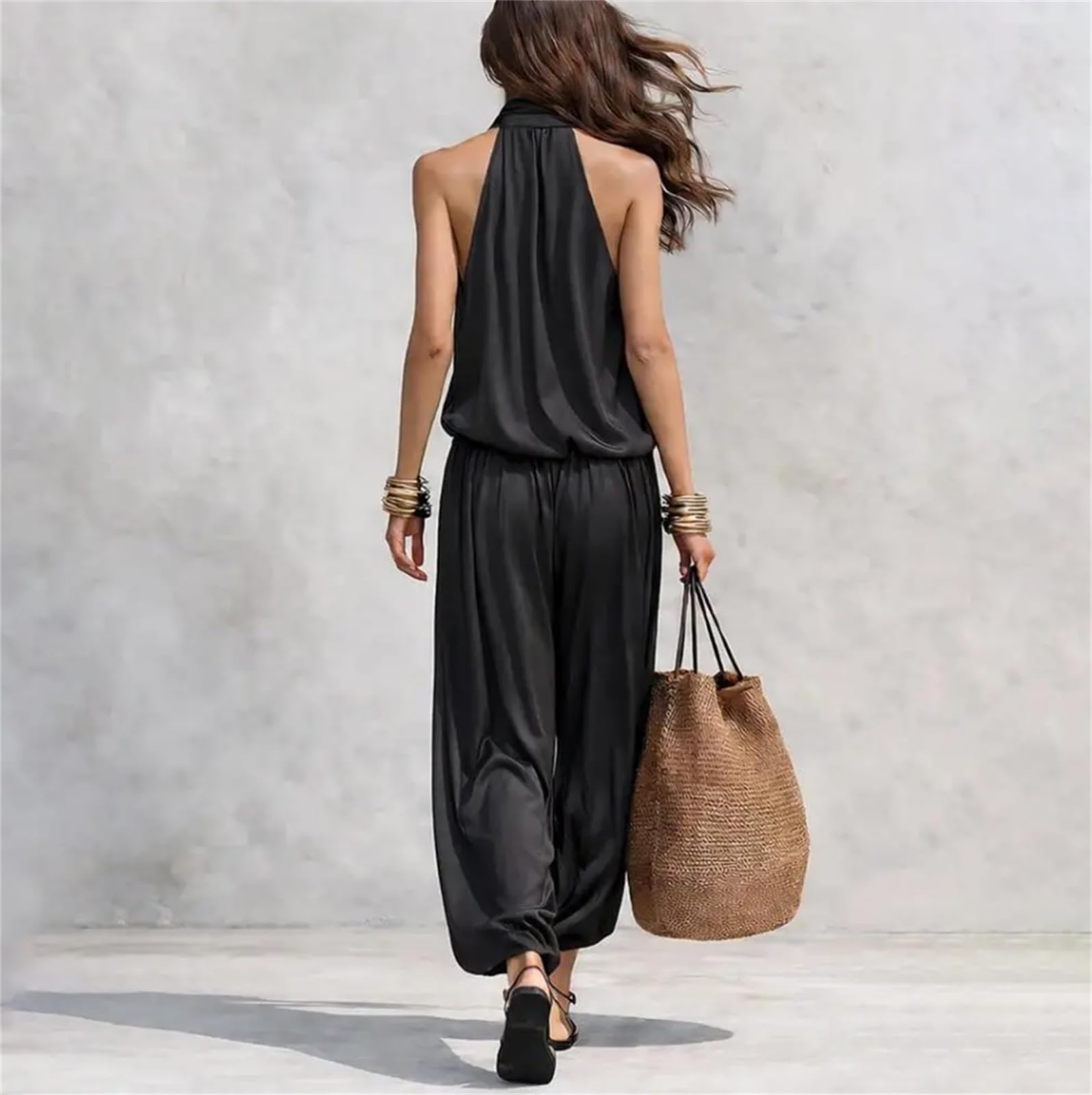Completo Donna Top Senza Maniche con Scollo a Halter e Pantaloni plissettati Completo Estivo con Gilet Drappeggiato e Pantaloni Casual