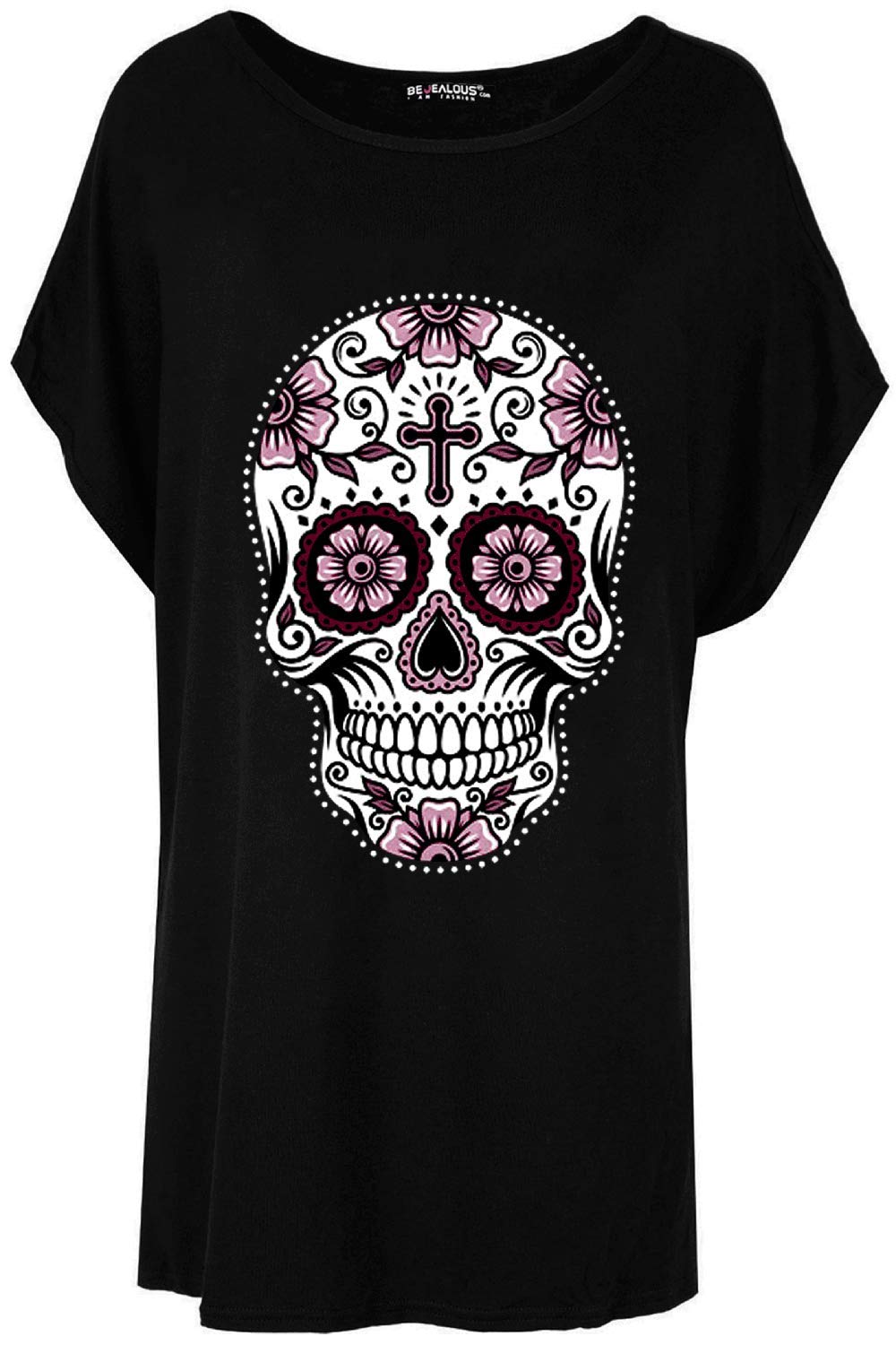 Be JealousWomen Halloween Skull Flowers T-Shirt Tee Top Sugar Skull Black
