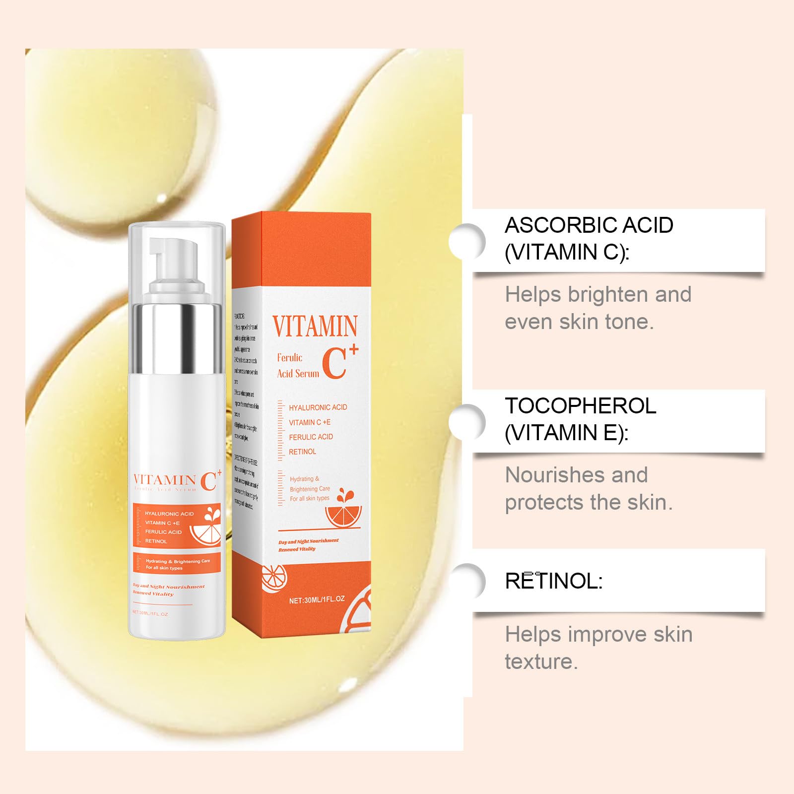 Siero alla vitamina C per il viso con acido ialuronico - Siero alla vitamina C e retinolo - viso anti-età per aiutare a ridurre rughe, macchie dell'età e rassodare la pelle, 30 ml (8 bottiglie)