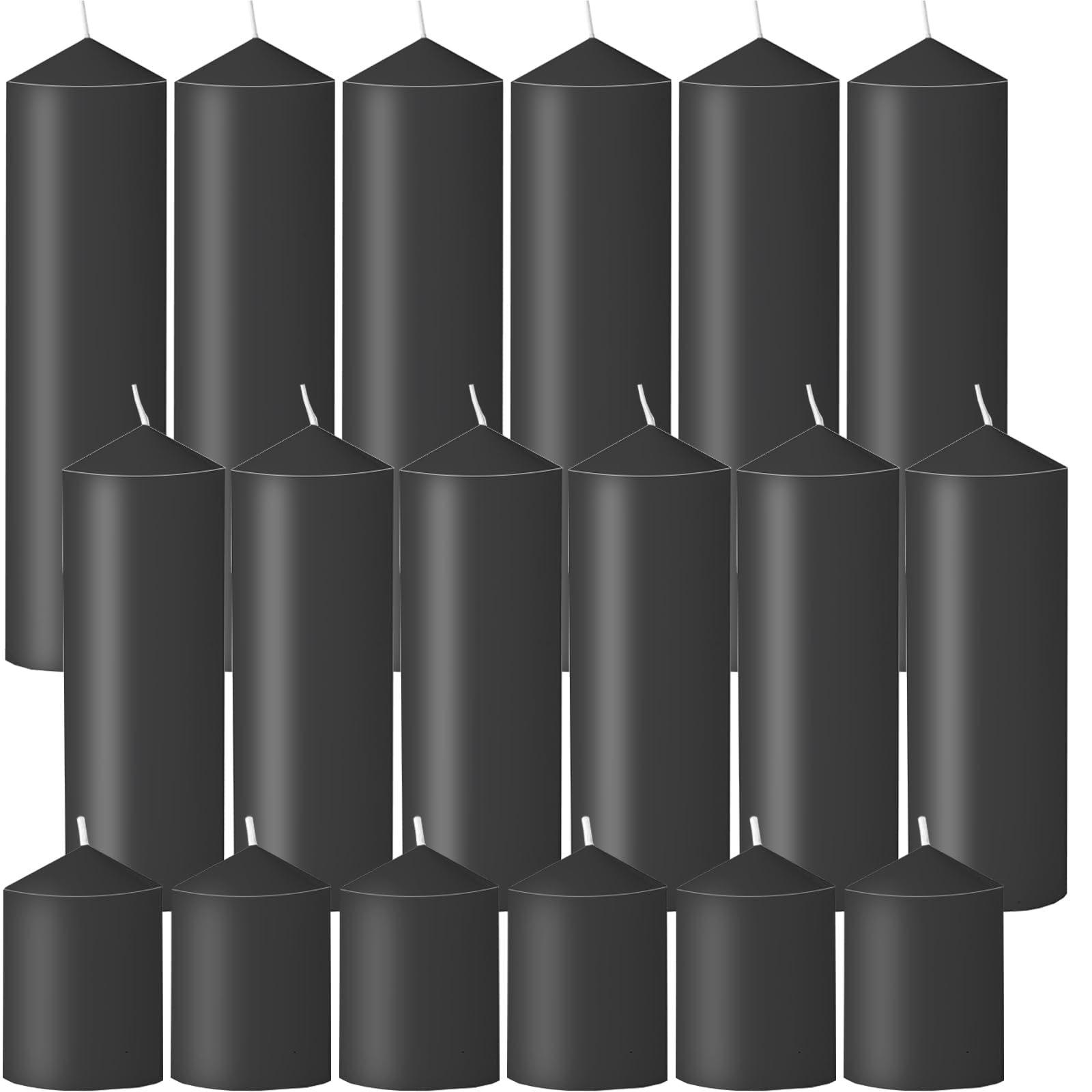 Veiuwa 18 Pcs Black Pillar Candles Bulk Set,Hurricane Candles,3 Different Lengths (6 Each),Dripless Unscented Smokeless,Gives You a Better Atmosphere When Organizing Wedding or Event Party.