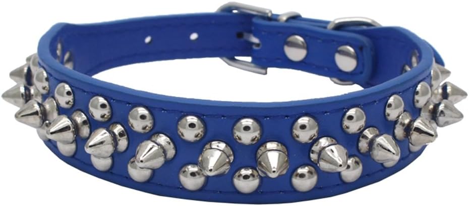 Dogs Kingdom10"-24" Length Soft Leather Mushrooms Rivet and Spikes Studded Adjustable Buckle Pet Puppy Dog Collar for Small Medium Large Dogs Breeds Dark Blue L