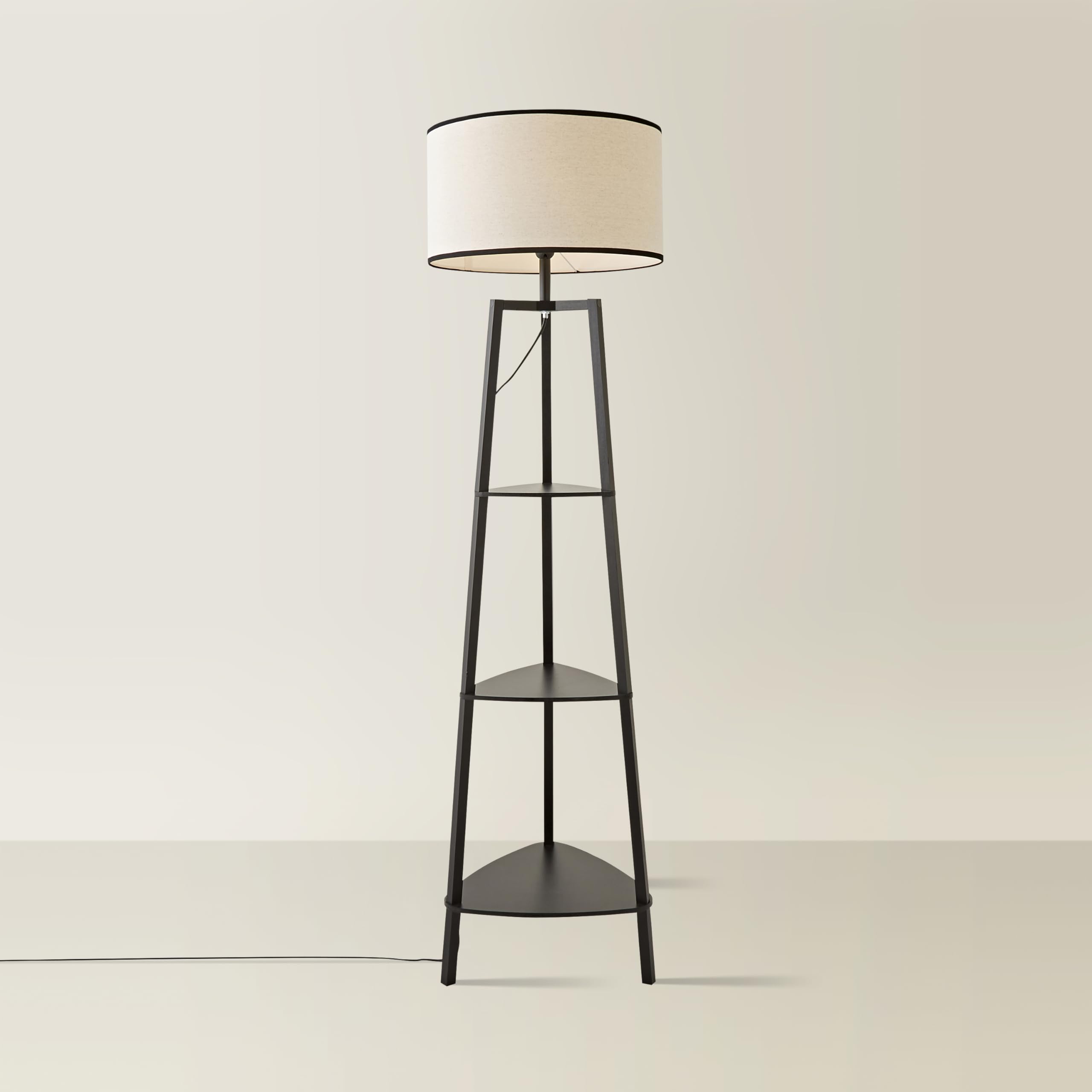 ValueLights | Matt Black Wooden 3 Tier Shelf Floor Lamp with Black Trim Drum Shade Living Room Lounge Light | Floor Lamps, Home Décor & Improvement Essential