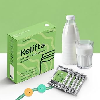 Kelifta by Feelgood Kefir®- Milk Kefir Starter Culture Powder-1 pack (5 sachets), 60+ live & active strains, Ferments 60+ liters, Unlimited support, Instructions manual, demo video, recipes etc