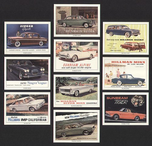 Rootes Cars 1960s - Hillman Hunter, Hillman Imp Californian, Sunbeam Tiger 1, Hillman Super Minx, Singer Vogue 1/11, Hillman Mix 3,Sunbeam Alpine S2,Singer Gazelle 2, 3, Hillman Husky 2 & 3, Humber Hawk 3 & 4 - Collectors Cards