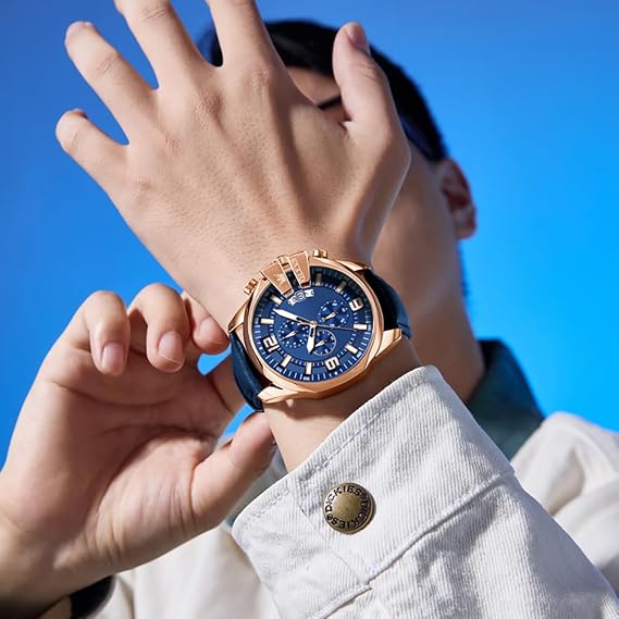 OLEVS Watches for Men Leather Strap Chronograph Analog Quartz Big Face Classic Dress Waterproof Luminous Men Wrist Watch