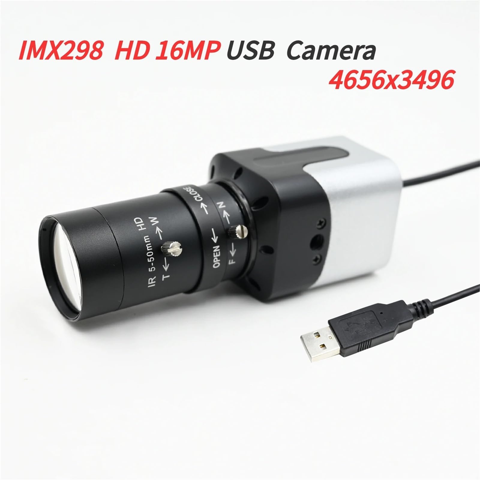 Ultra HD 16MP USB Camera,IMX298,16 MegaPixel Mini Box Webcam, With Varifocal CS Lens 5-50mm 2.8-12mm,Plug And Play,4656X3496(6mm Fixed Focus)