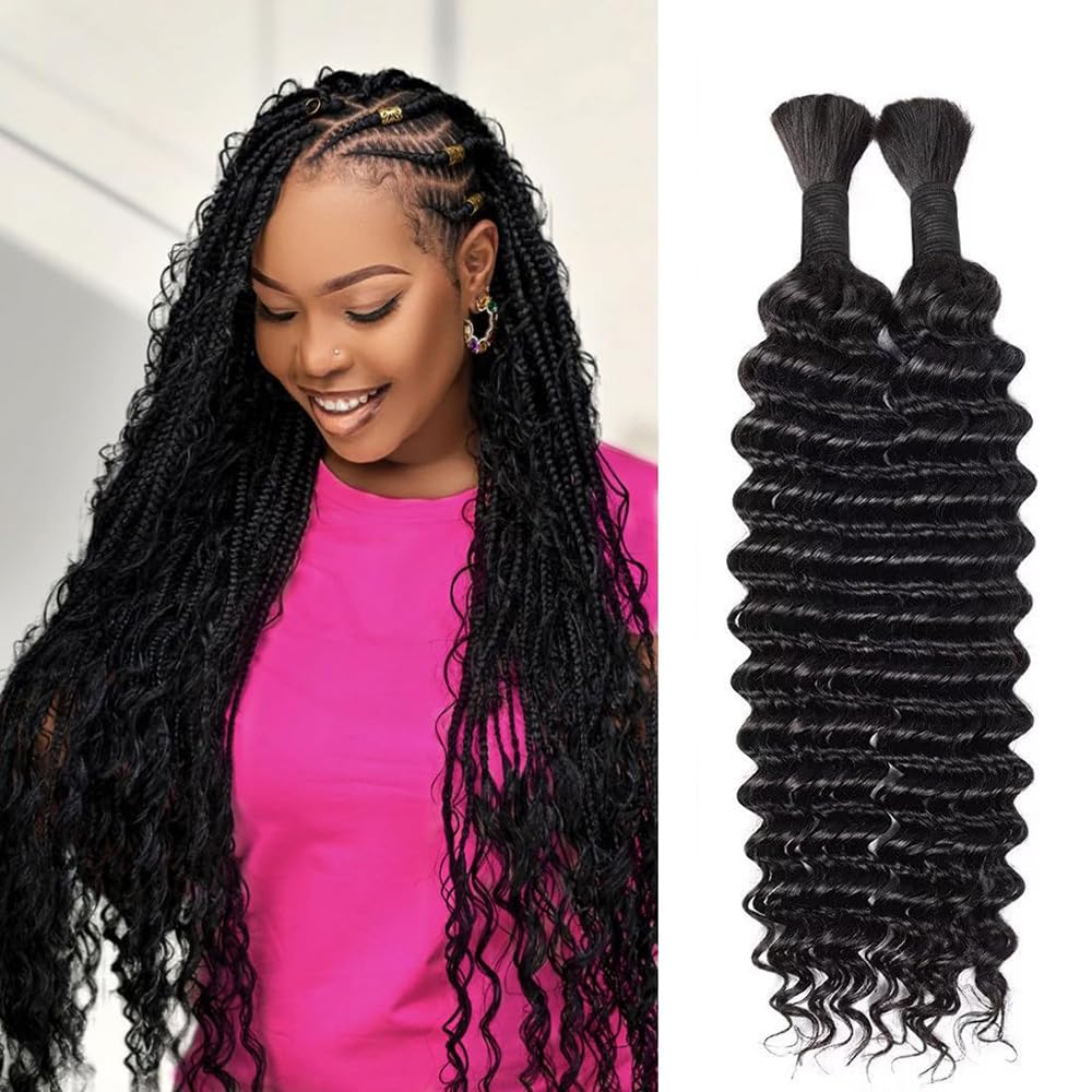 20 Inch Human Braiding Hair for Boho Braids Human Hair 100g 2 Bundles Deep Wave Bulk Human Hair for Braiding No Weft Curly Braiding Hair Bulk Hair