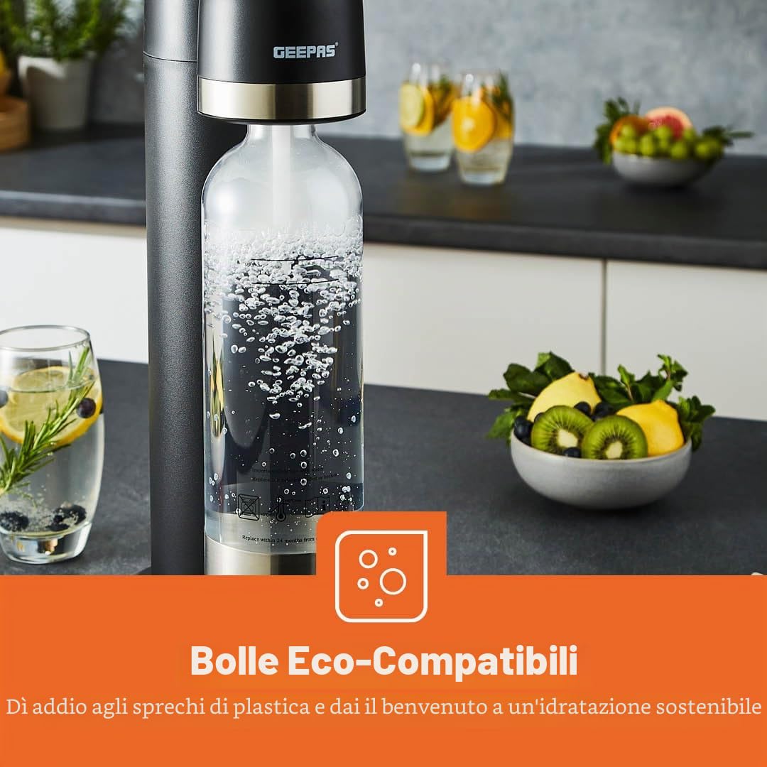GEEPAS Macchina per acqua frizzante con bottiglia da 900 ml, macchina per soda, macchina per bevande gassate, gasatore domestico, bombola di gas CO2 a connessione rapida (non inclusa) | nero