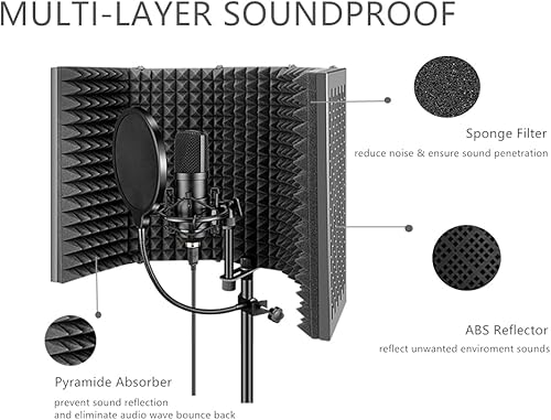Miniatura 4 de Generic Escudo de aislamiento de micrófono, 5 paneles de filtro de grabación de estudio, grabación vocal insonorizada, reflector de espuma