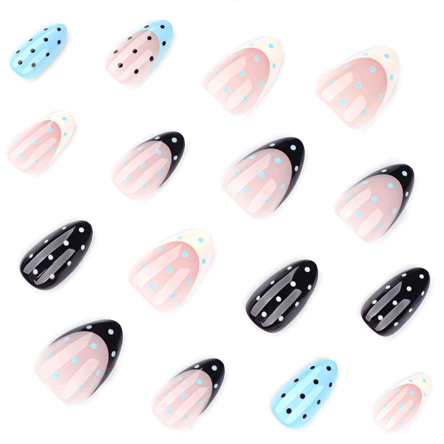 CTTHNBD Press on Almond Nails - French Tip Fake Nails with Polka Dot Design - Medium Full Cover False Nails - for Women 24 Pcs