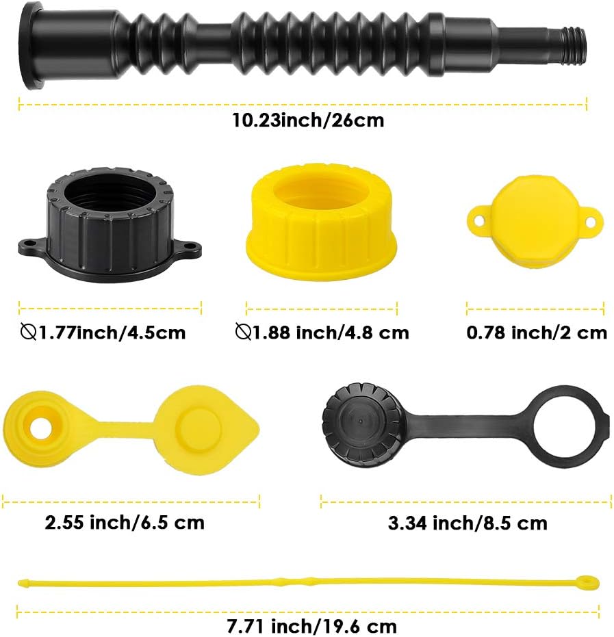 VSTM Gas Can Spout Replacement Kit, ABS Plastic Flexible Pour Nozzle, Vent Caps, Stopper Caps, Rear Stripe Caps, Connected Strings, Collar Caps Replace Fuel Diesel Water Jug