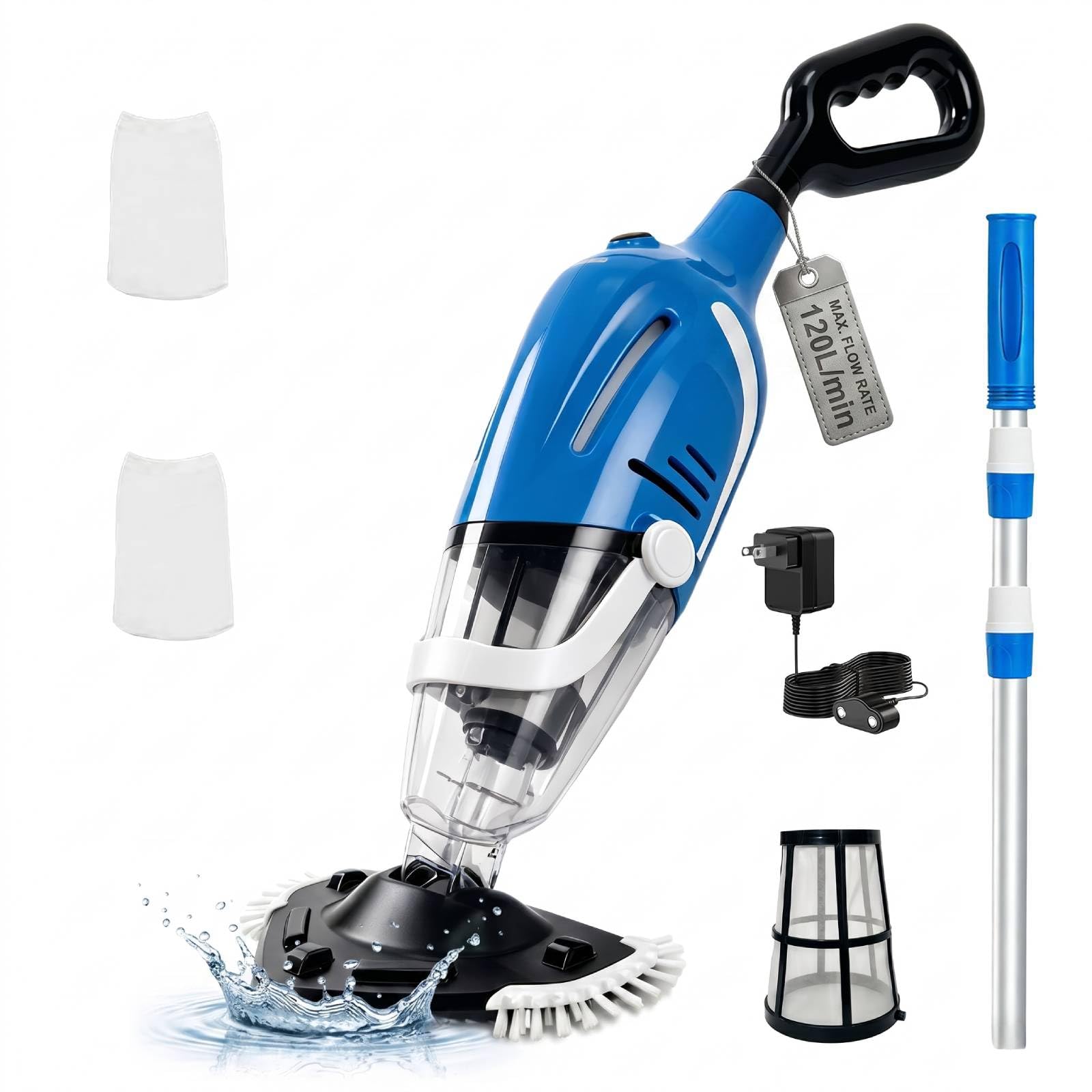 Umisu Cordless Pool Vacuum, 80 Mins Runtime, Swimming Pool Vacuum Cleaner with 188cm Telescopic Pole, Up to 7200L/H Suction Power, Portable Pool Cleaner for Hot Tubs, Spas, Above Ground Pools, Blue