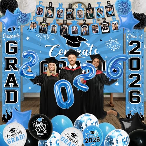 Image of 2026 Graduation Decorations, Light Blue Themed Class of 2026 Decorations Set, Congrats Grad Backdrop,Photo Banner,Door Banner,Balloons and Pom Poms Supplies for High School College Graduation Party
