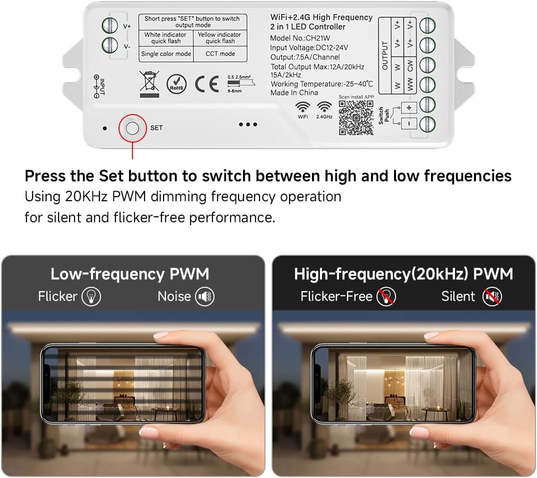 BTF-LIGHTING CH21W Tuya Smart WiFi & 2.4GHz Hochfrequenz-2in1 LED-Controller mit RC02RFB Fernbedienung für FCOB SMD PWM 3-Pin-CCT LED Streifen - 4-Zonen-Gruppensteuerung, mit Alexa & Google Home