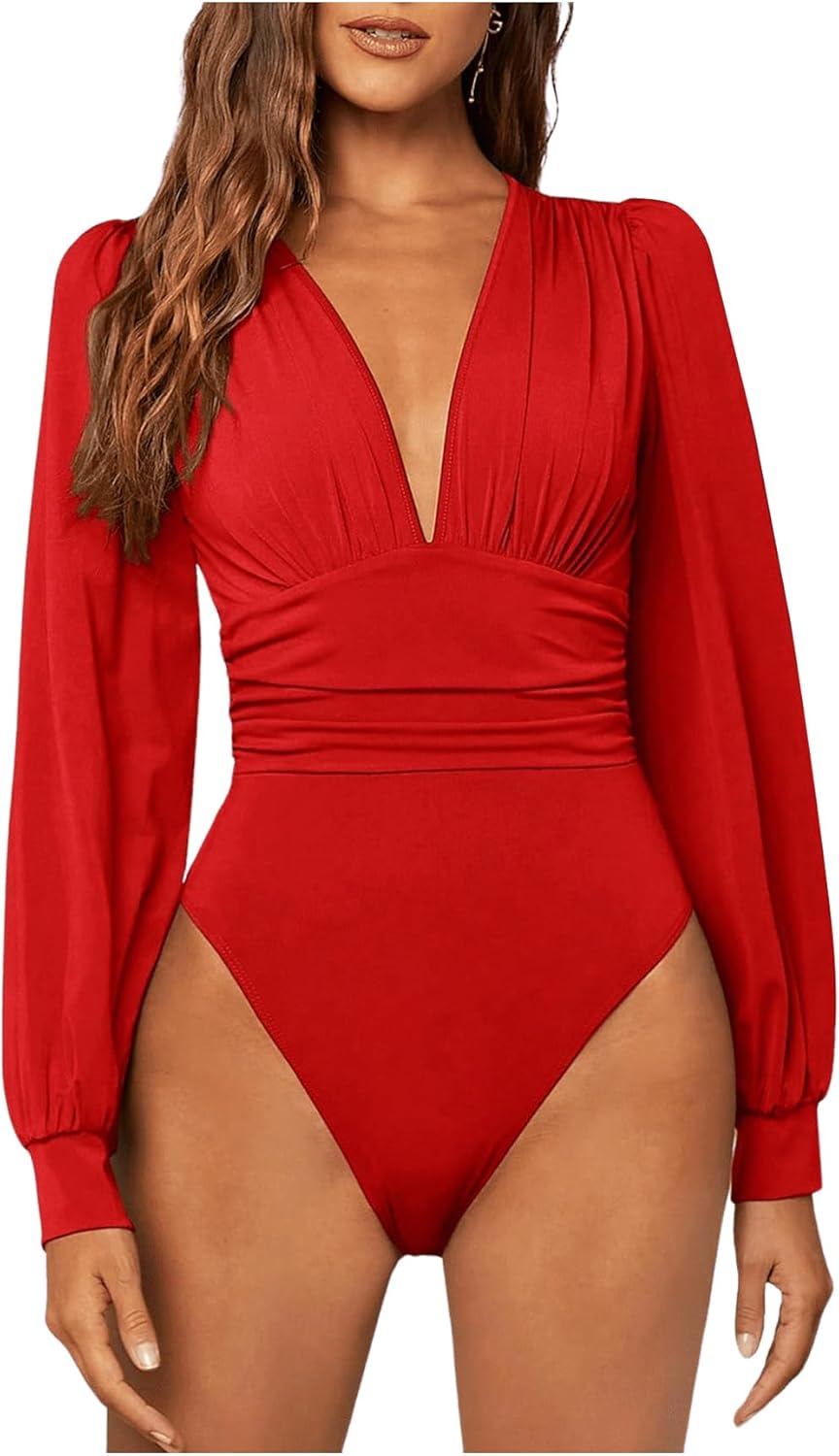 GORGLITTER Women's Sexy Ruched Deep V Neck Long Sleeve Bodysuit Plunging Neckline Leotard Shirts
