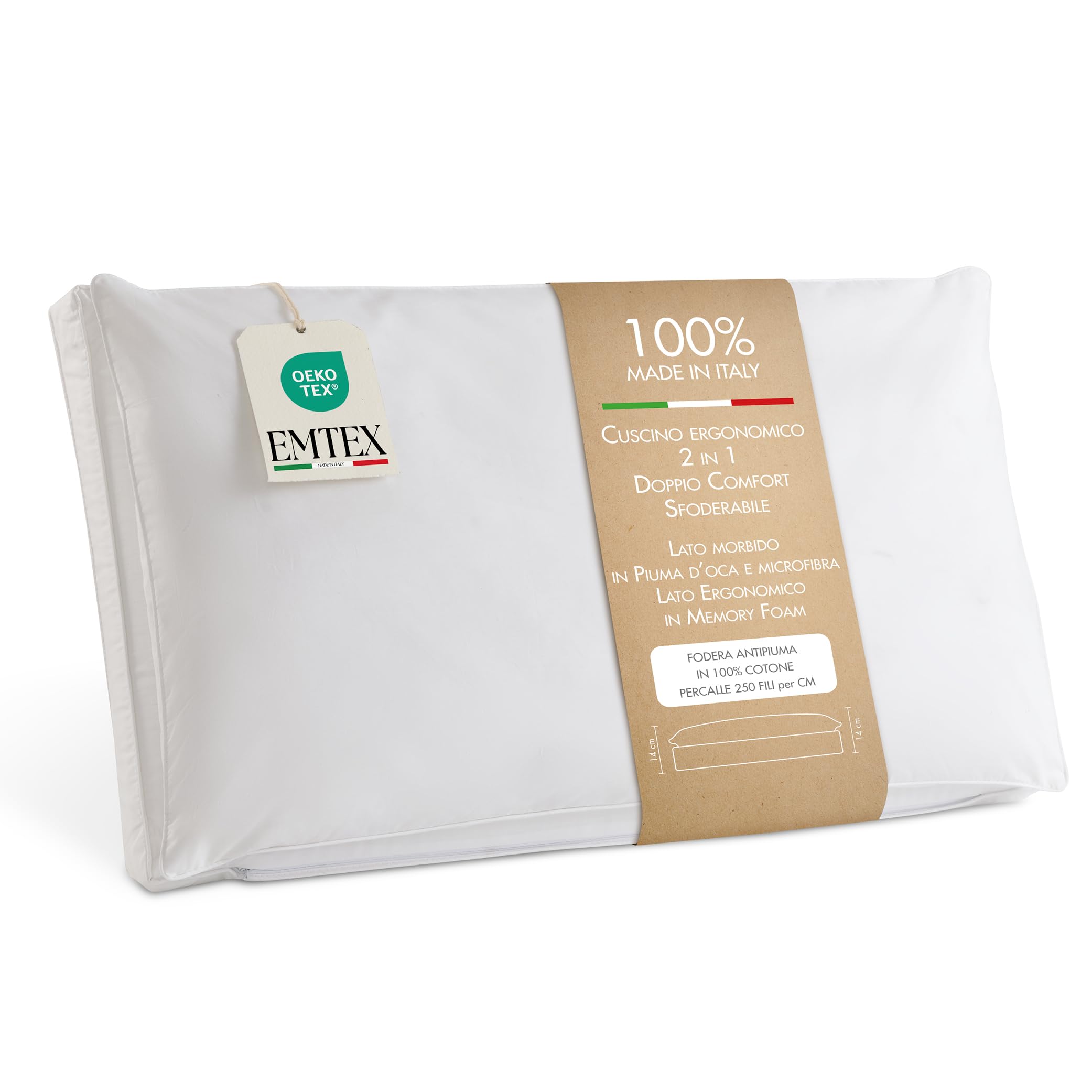 EMTEX Cuscino Letto DOPPIO COMFORT ANTIBATTERICO Lato PIUMA D'OCA/MICROFIBRA Lato MEMORY FOAM Viscoelastico SFODERABILE 100% COTONE Antipiuma Made in Italy (1, BIANCO)