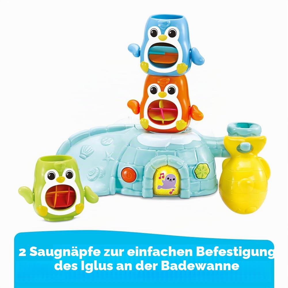 VTech - 1, 2, 3 Empilo Pinguine, Badespielzeug zum Stapeln für Babys, interaktives und musikalisches Igloo mit Trio von Pinguinen und 2 Saugnäpfen zur Befestigung, Geschenk für Kinder ab 1 Jahr –