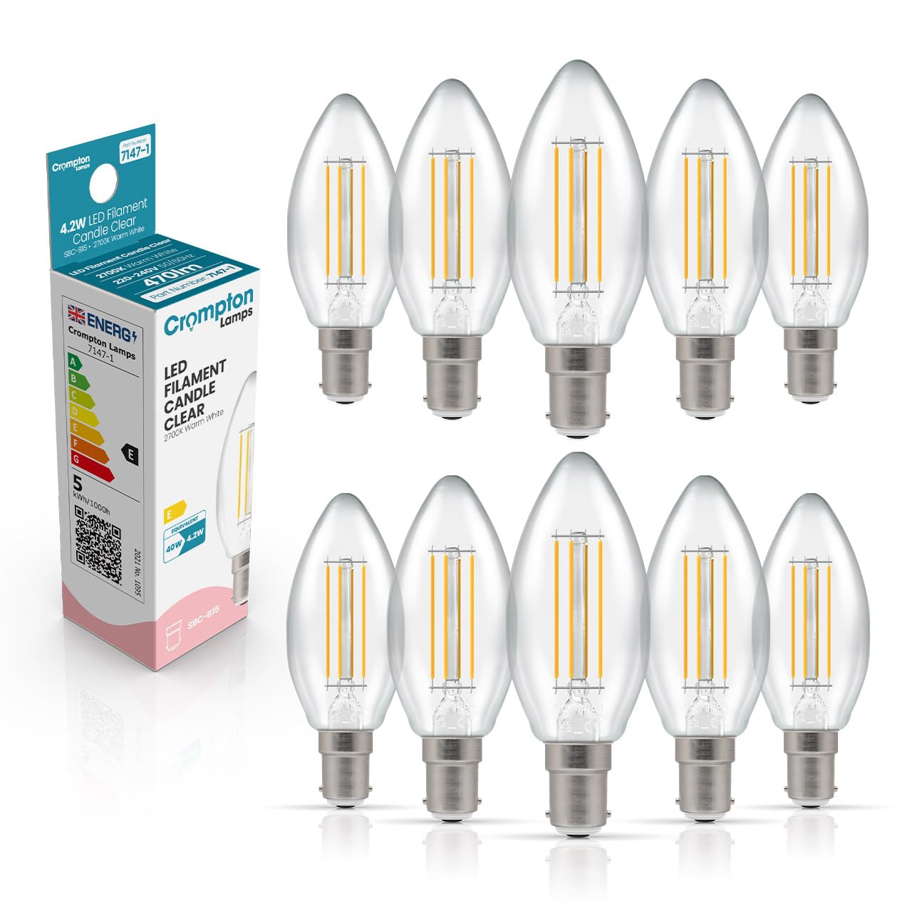 Crompton Lamps Filament Candle LED Light Bulb SBC-B15d | 4.2W = 40W Equivalent | Warm White 2700K | Energy Efficient | Small Bayonet Lightbulb | Long Life 10,000-Hrs | Clear Glass | Dimmable | 10-Pack