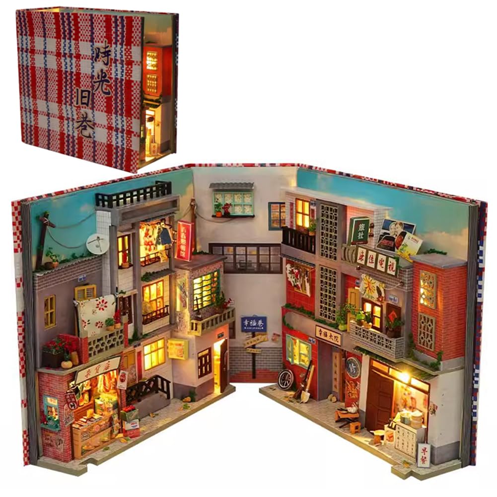 TOPBSFARNY Soporte de madera 3D para libros, rompecabezas, casa de muñecas, sujetalibros, modelo de rincón de libros, kit de construcción con luz LED para adolescentes y adultos, regalo creativo para